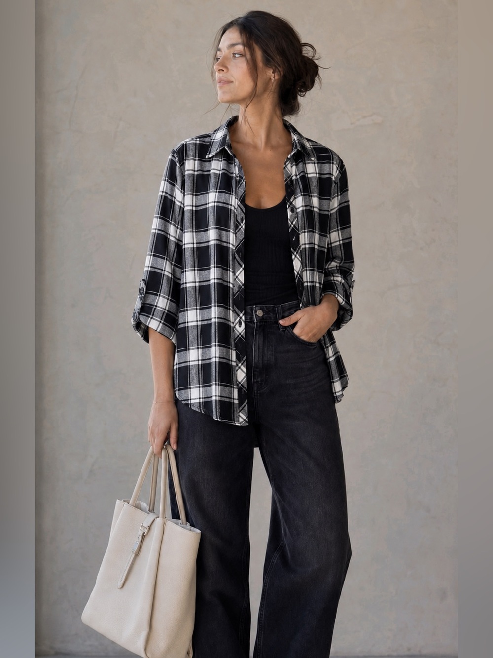 Hester & Orchard Womens Black Plaid Flannel Size L Button Front Campus Casual